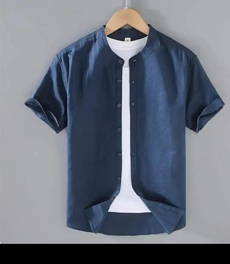 Cotton Linen Men's Short-Sleeved Stand Collar Shirts