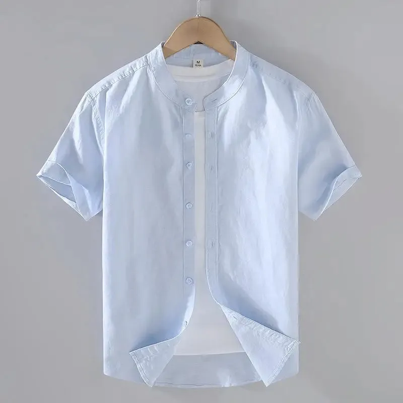 Cotton Linen Men's Short-Sleeved Stand Collar Shirts
