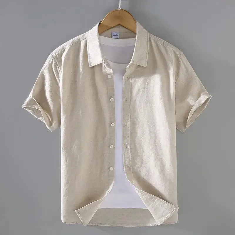 Cotton Linen Men's Short-Sleeved Stand Collar Shirts