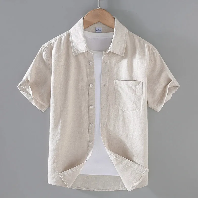 Cotton Linen Men's Short-Sleeved Stand Collar Shirts