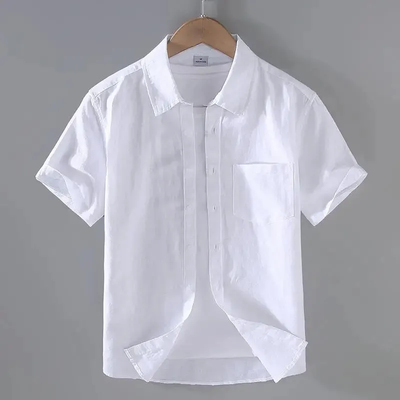 Cotton Linen Men's Short-Sleeved Stand Collar Shirts