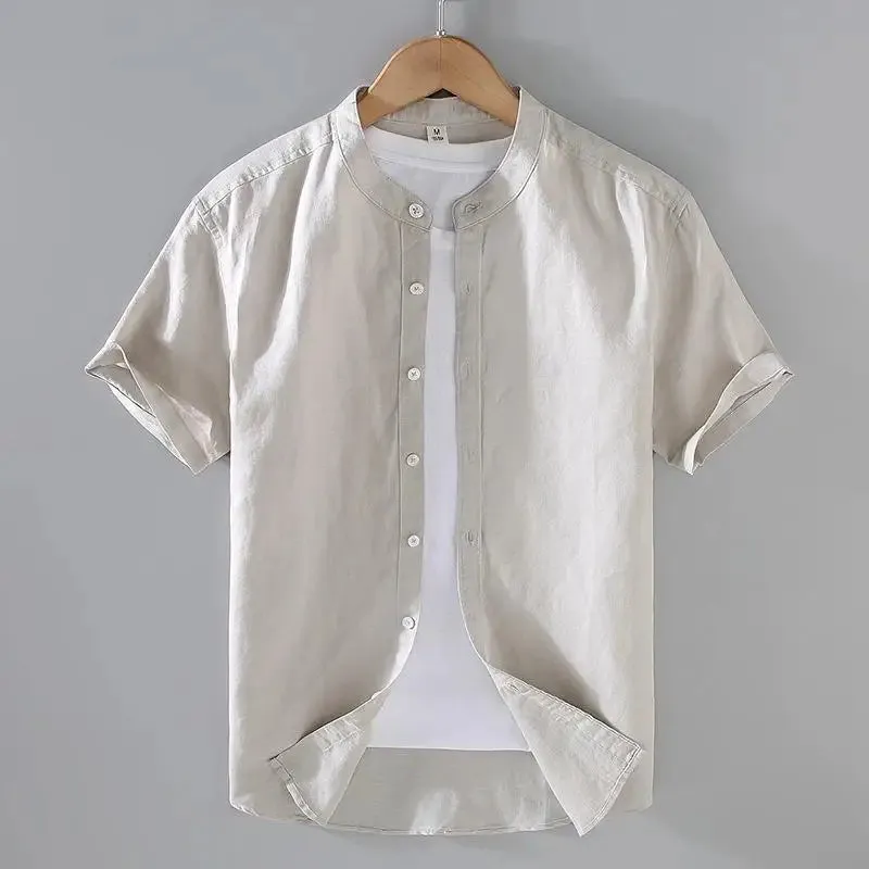 Cotton Linen Men's Short-Sleeved Stand Collar Shirts