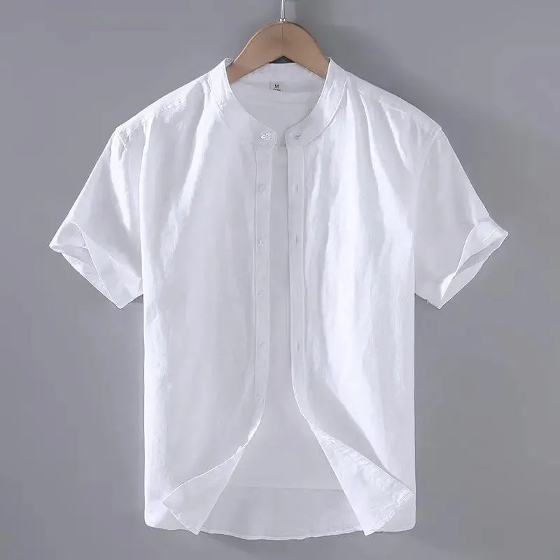 Cotton Linen Men's Short-Sleeved Stand Collar Shirts