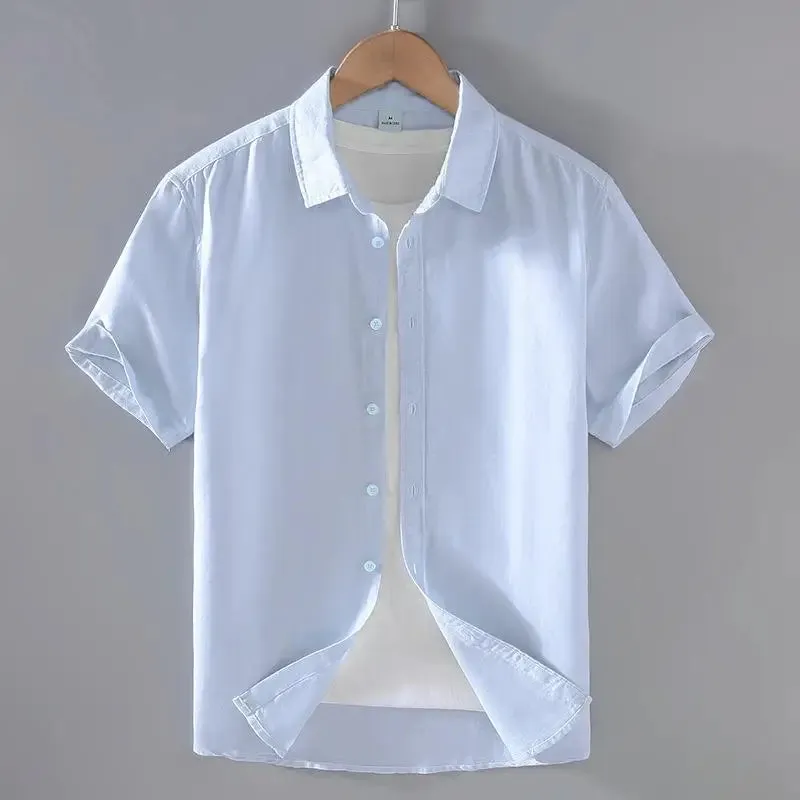 Cotton Linen Men's Short-Sleeved Stand Collar Shirts