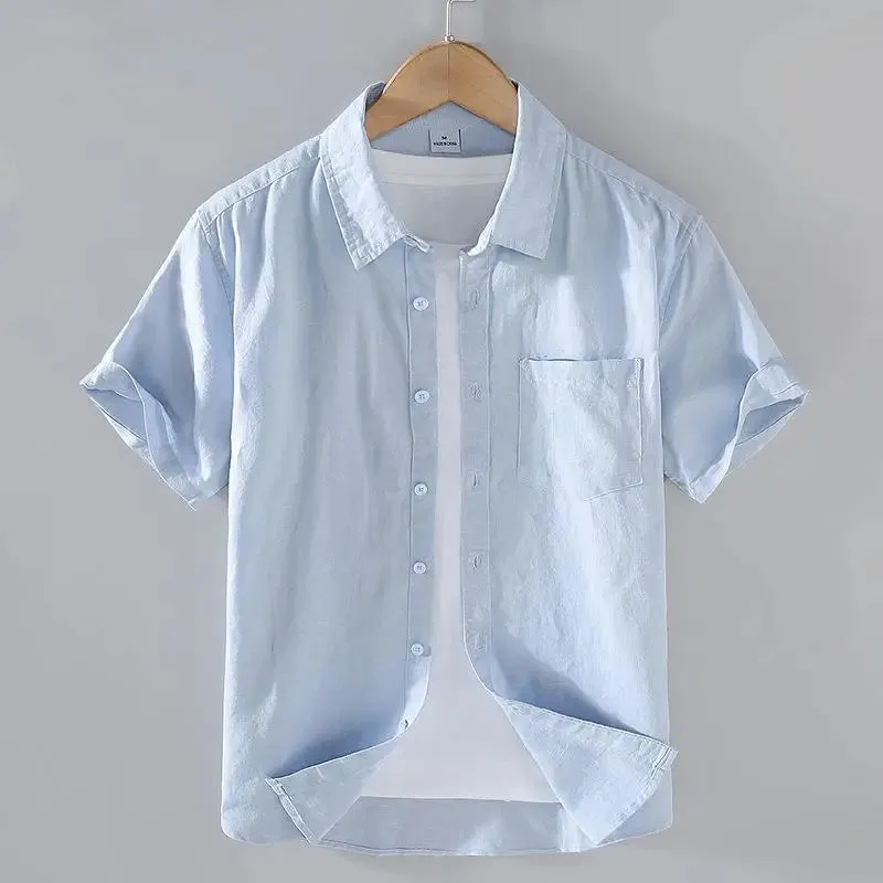Cotton Linen Men's Short-Sleeved Stand Collar Shirts