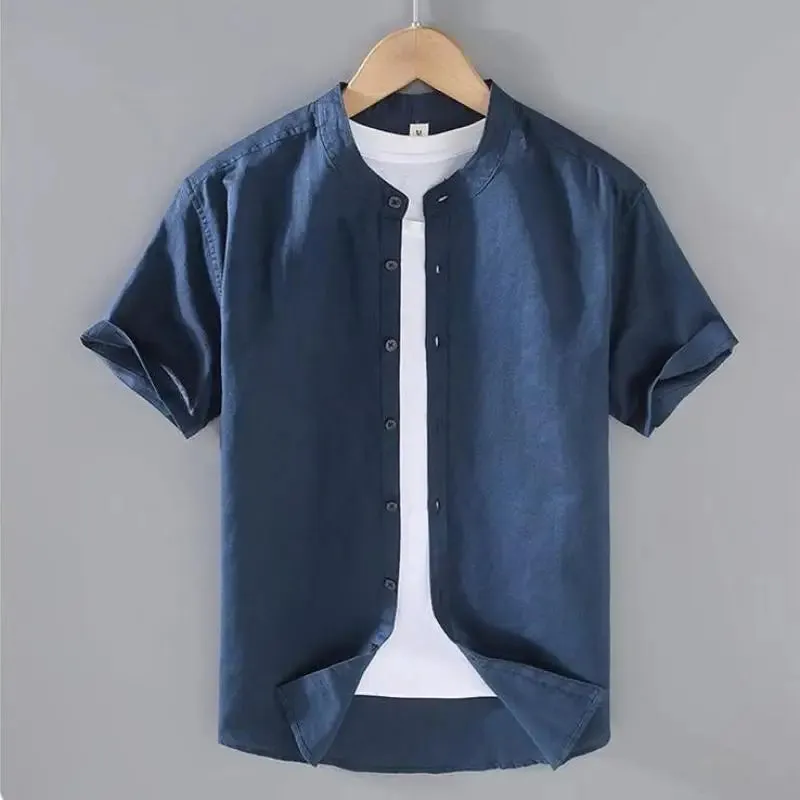 Cotton Linen Men's Short-Sleeved Stand Collar Shirts