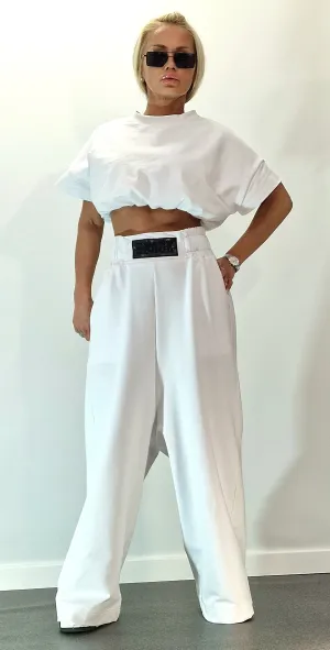 Cotton Women Set, Loose Pants with Crop Top, Baggy Pants & Short Top, Extravagant Women Set, White Cotton Set, Avant-garde Set
