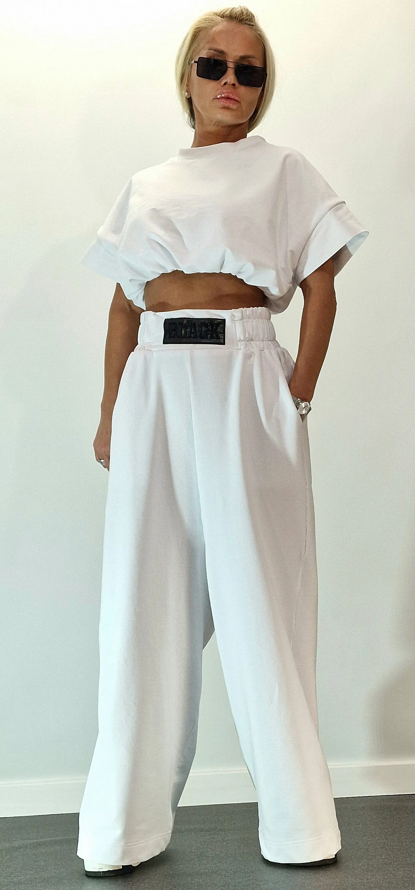 Cotton Women Set, Loose Pants with Crop Top, Baggy Pants & Short Top, Extravagant Women Set, White Cotton Set, Avant-garde Set