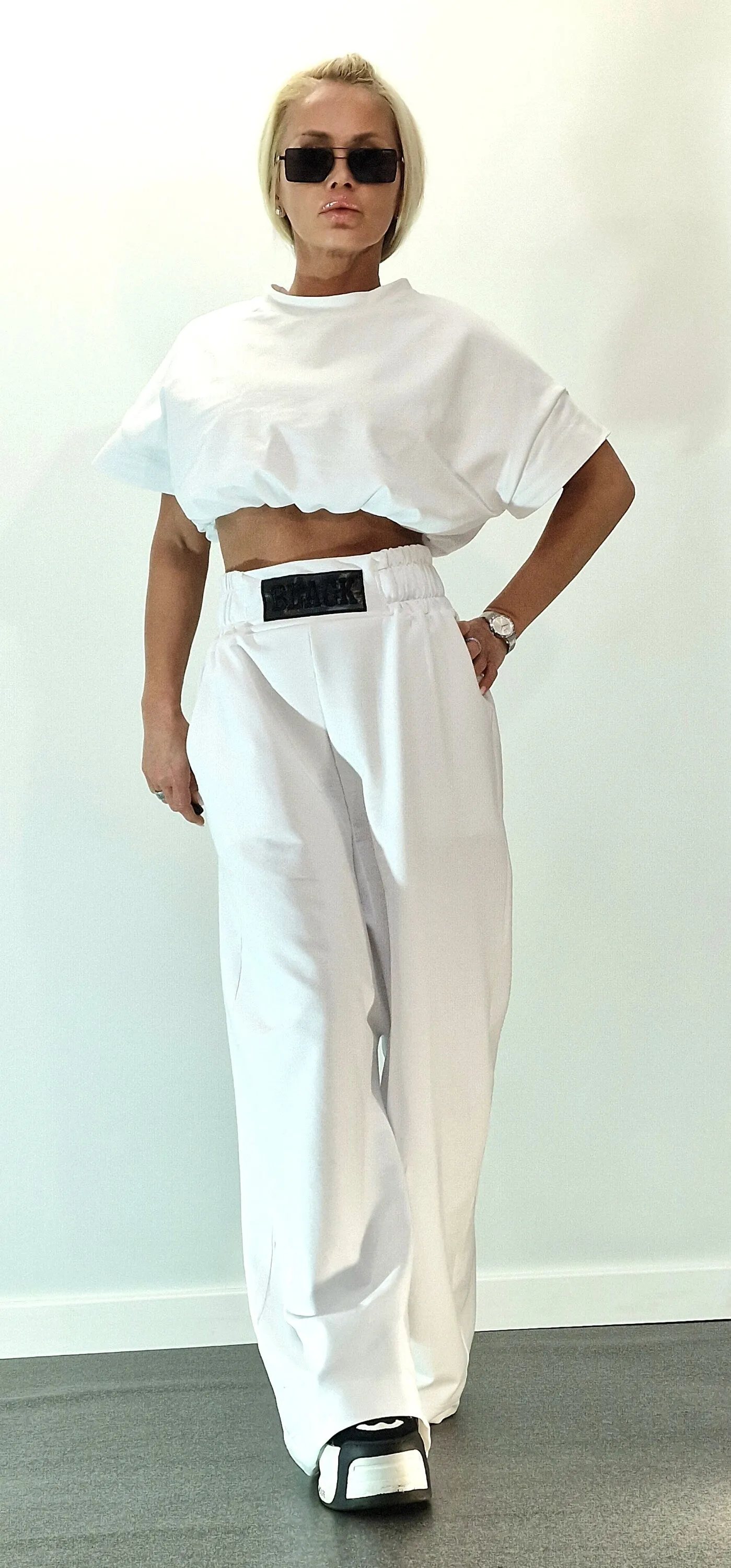 Cotton Women Set, Loose Pants with Crop Top, Baggy Pants & Short Top, Extravagant Women Set, White Cotton Set, Avant-garde Set