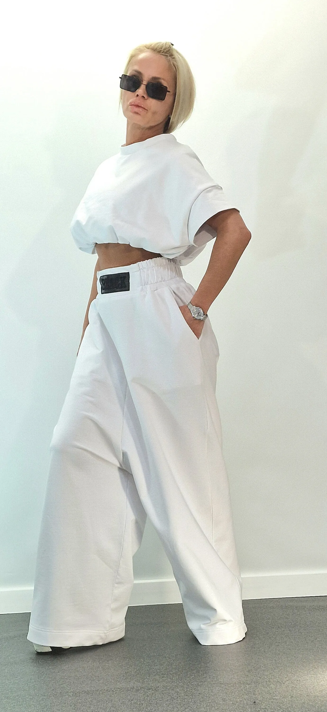 Cotton Women Set, Loose Pants with Crop Top, Baggy Pants & Short Top, Extravagant Women Set, White Cotton Set, Avant-garde Set