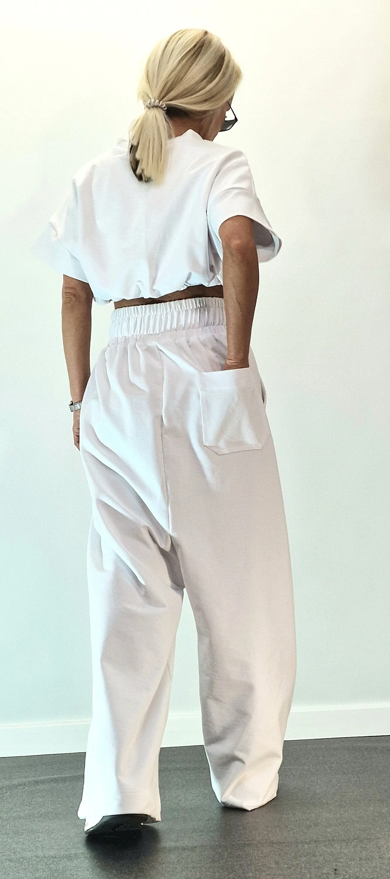 Cotton Women Set, Loose Pants with Crop Top, Baggy Pants & Short Top, Extravagant Women Set, White Cotton Set, Avant-garde Set