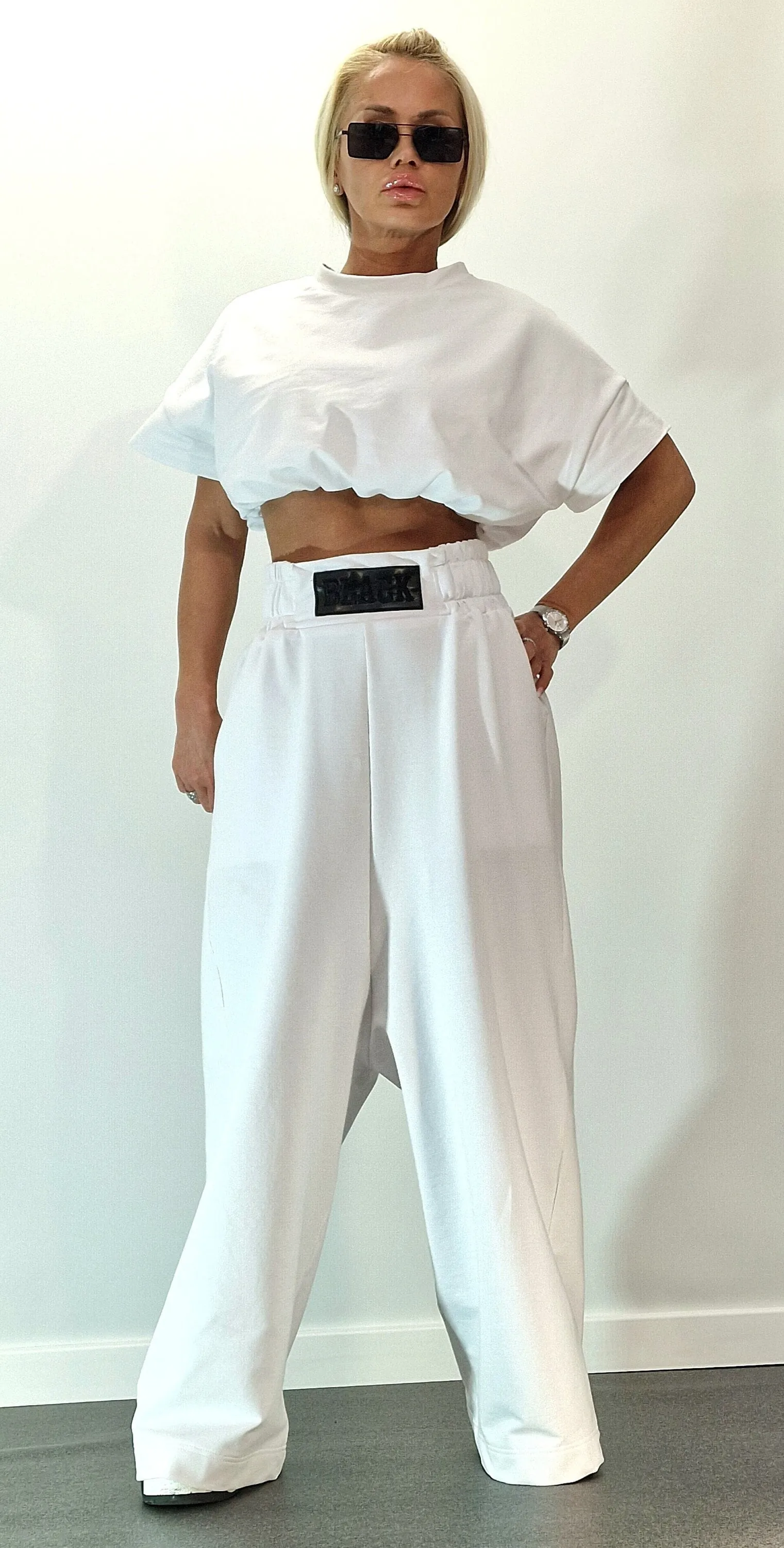 Cotton Women Set, Loose Pants with Crop Top, Baggy Pants & Short Top, Extravagant Women Set, White Cotton Set, Avant-garde Set