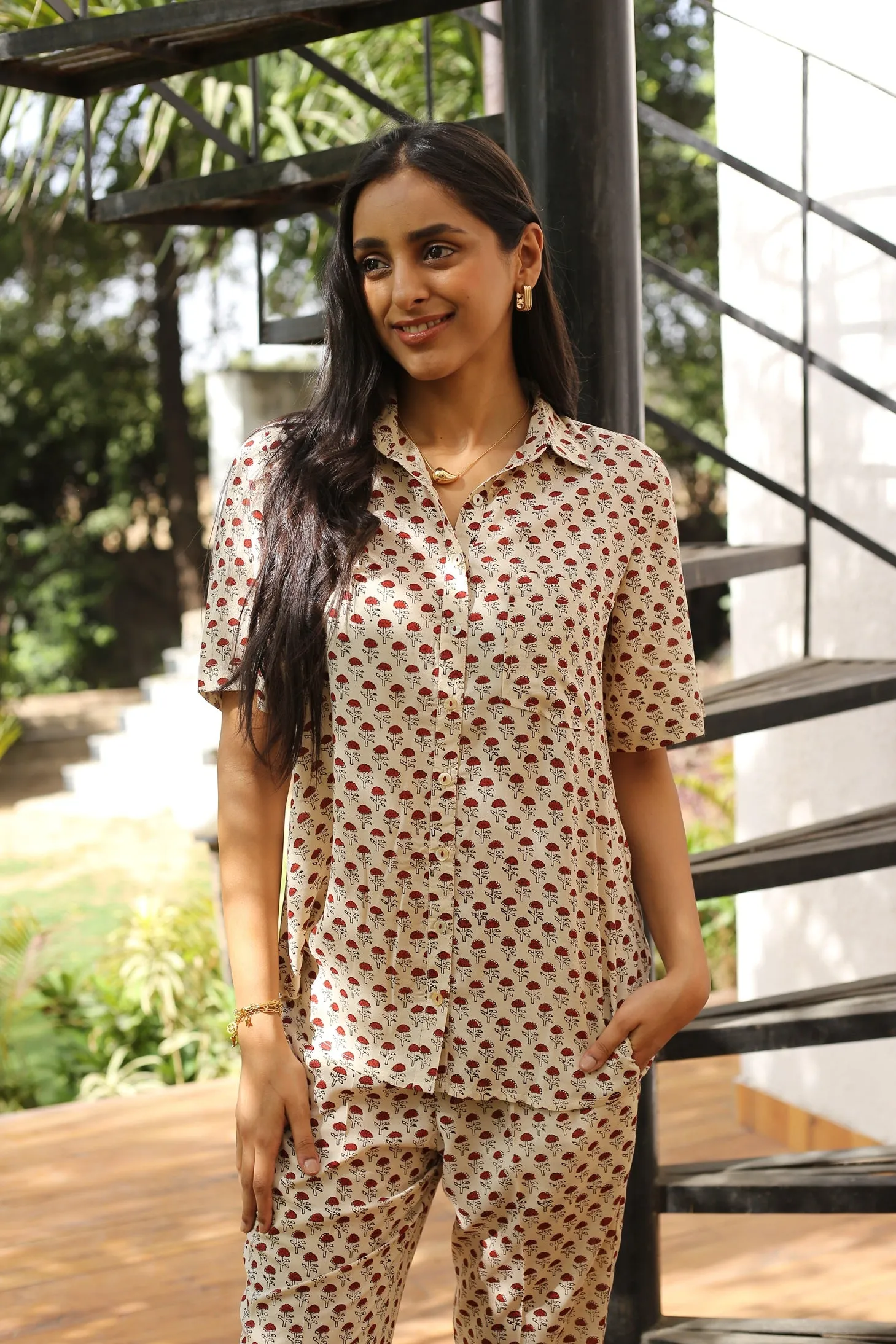Cream With Red Modal Hand Block Printed Ready-To-Wear Relaxed Fit Co-ord Set