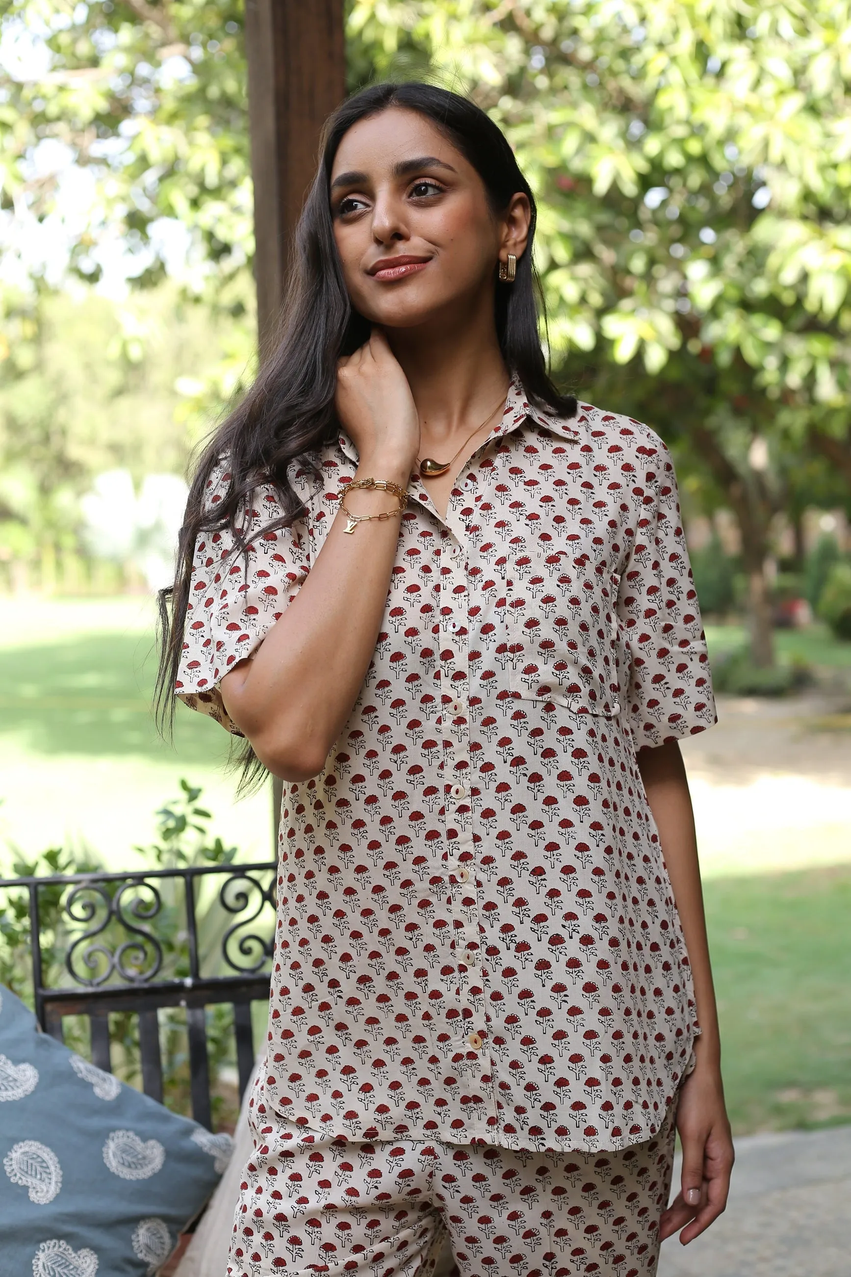 Cream With Red Modal Hand Block Printed Ready-To-Wear Relaxed Fit Co-ord Set