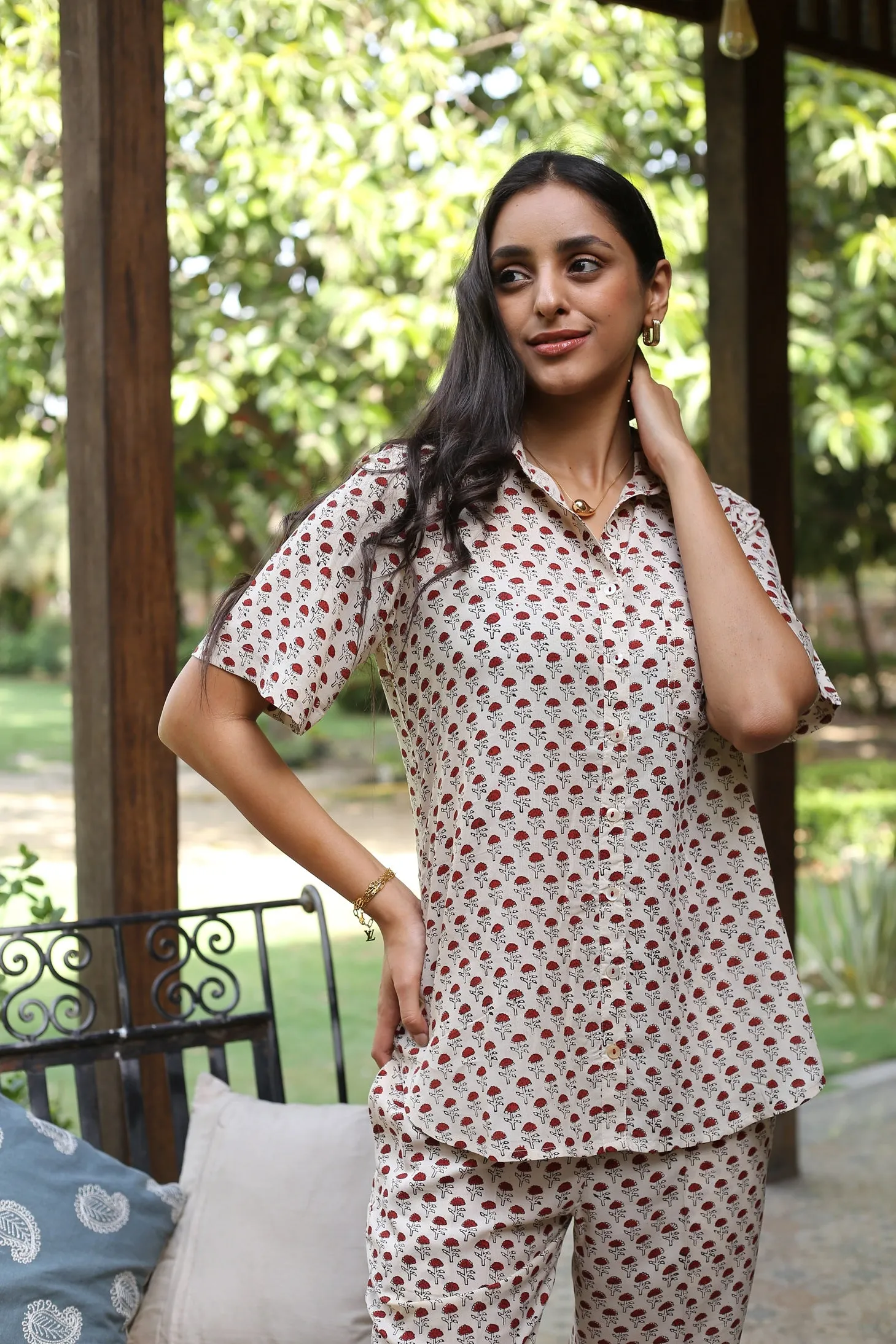 Cream With Red Modal Hand Block Printed Ready-To-Wear Relaxed Fit Co-ord Set