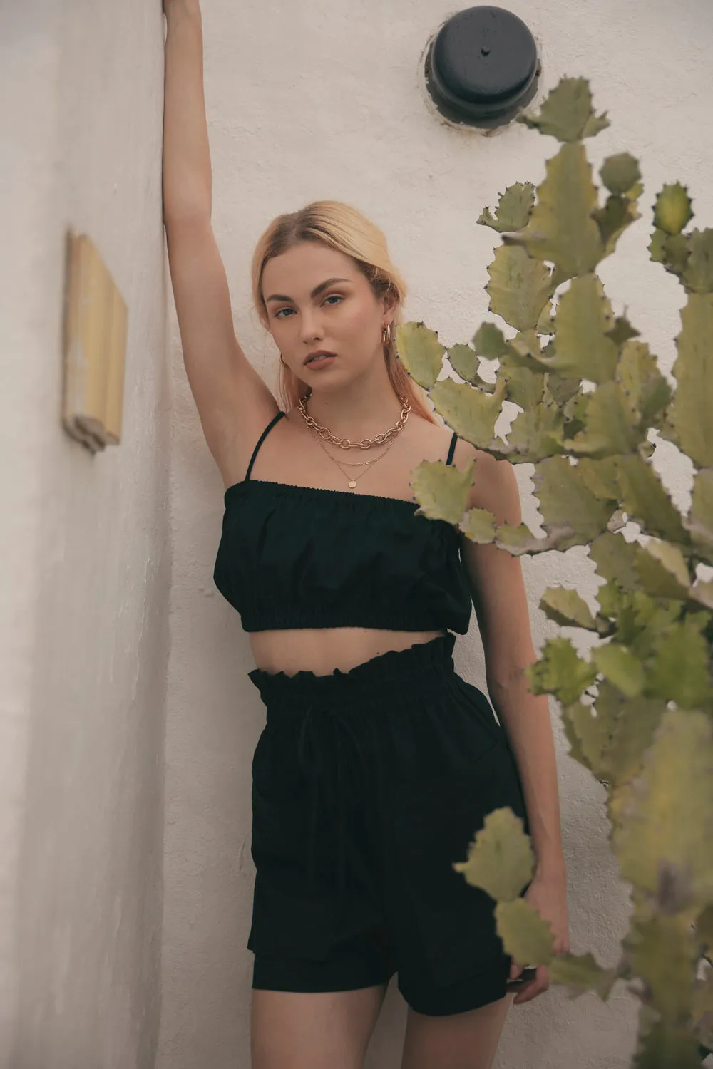 CRETE Gathered Crop Top (Black Linen)