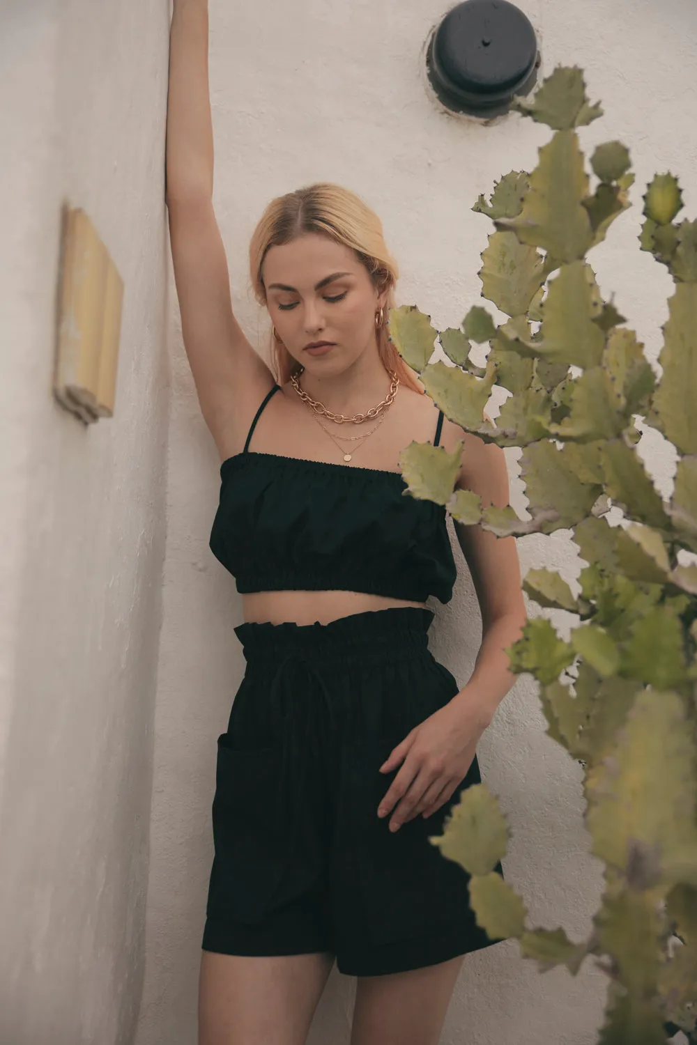 CRETE Gathered Crop Top (Black Linen)