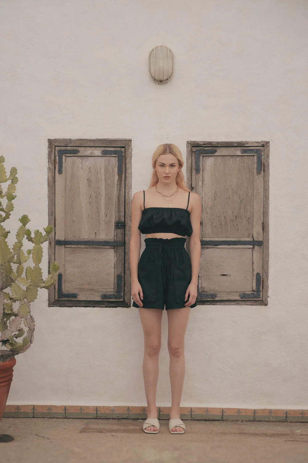 CRETE Gathered Crop Top (Black Linen)