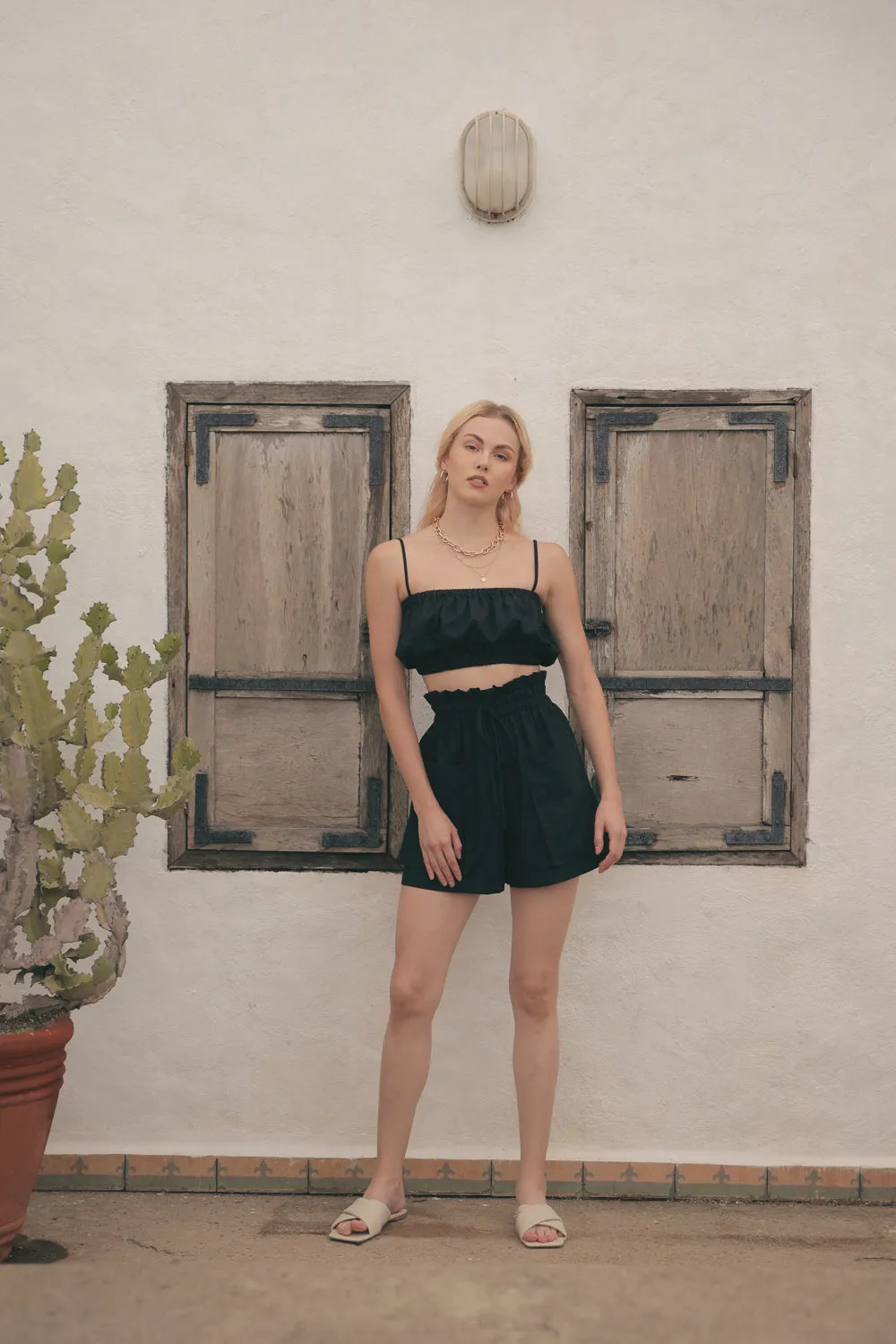 CRETE Gathered Crop Top (Black Linen)