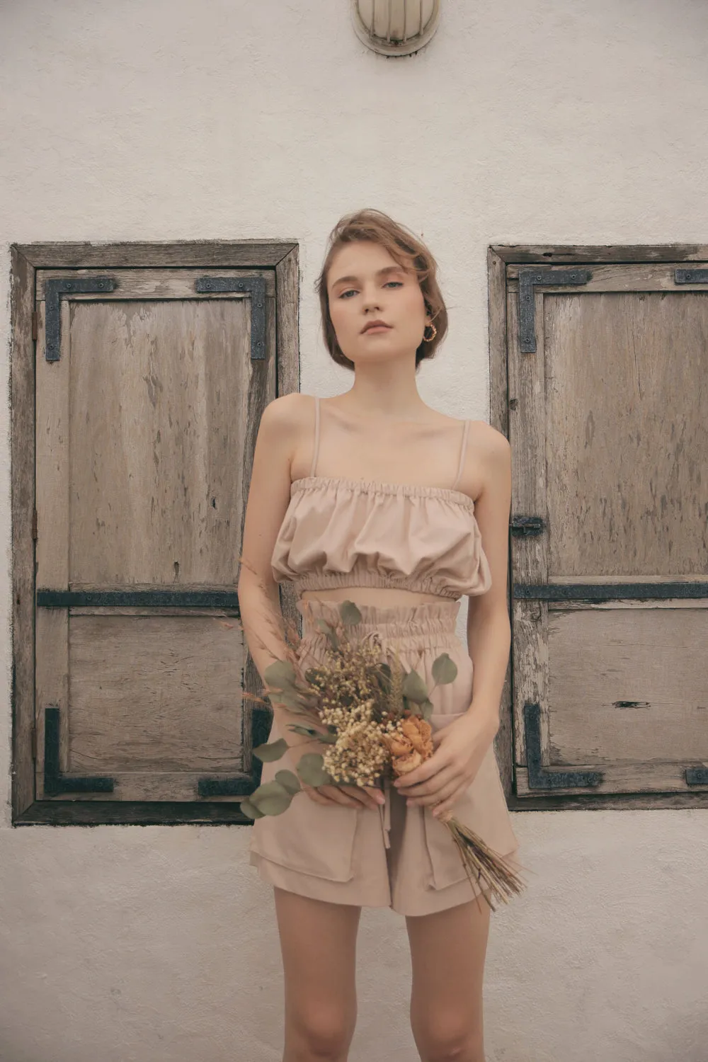 CRETE Gathered Crop Top (Nude Linen)