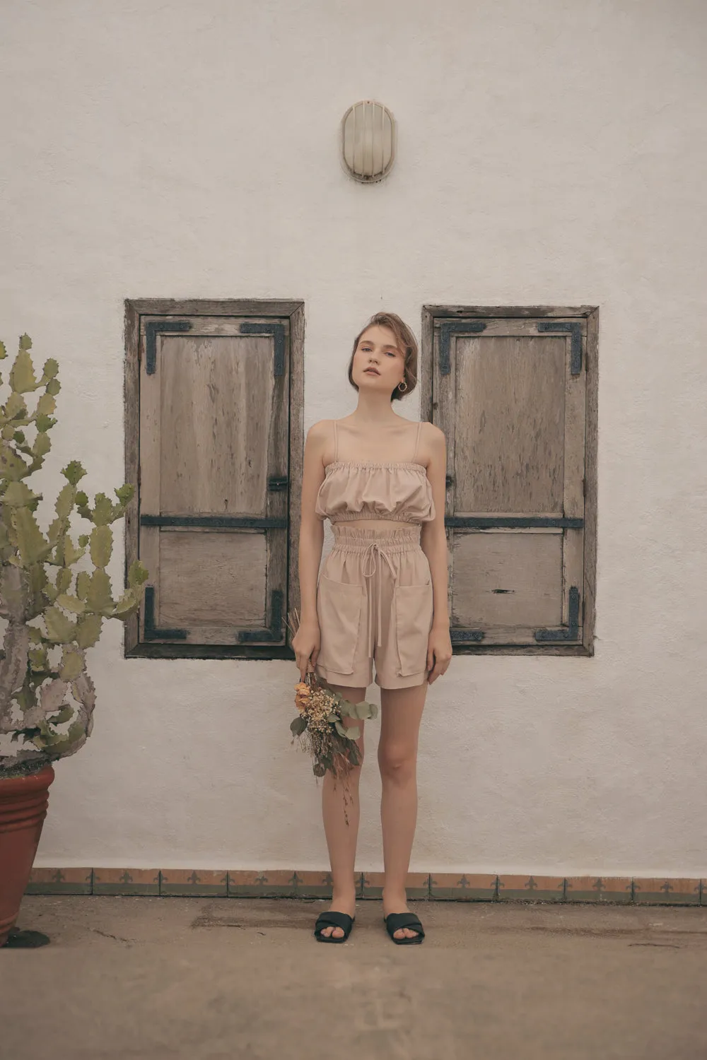 CRETE Gathered Crop Top (Nude Linen)
