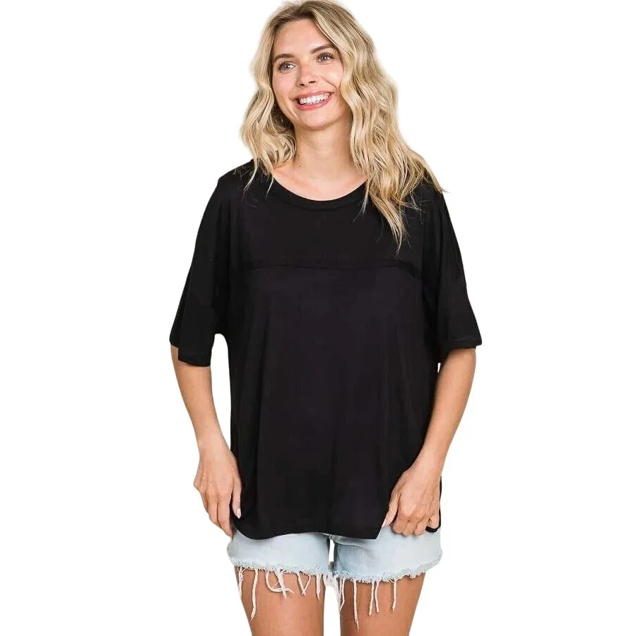 Culture Code Black Crew Neck Exposed Yoke Seam Short Sleeve Boxy Top CAY1646