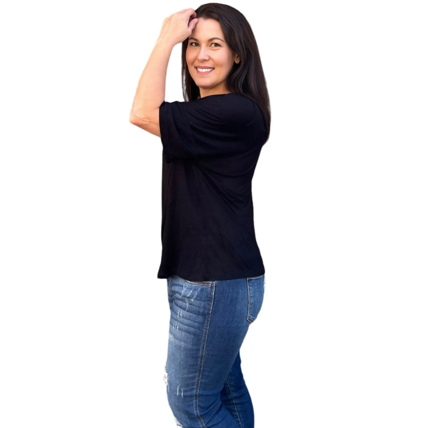 Culture Code Black Crew Neck Exposed Yoke Seam Short Sleeve Boxy Top CAY1646