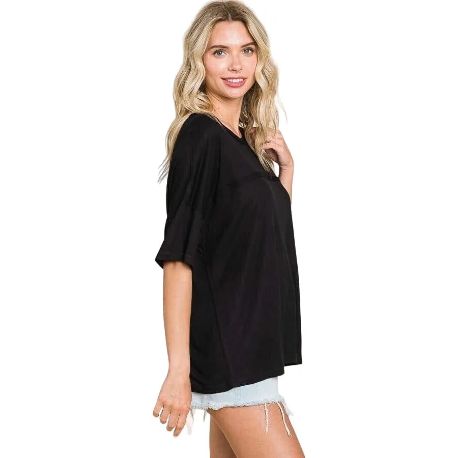 Culture Code Black Crew Neck Exposed Yoke Seam Short Sleeve Boxy Top CAY1646