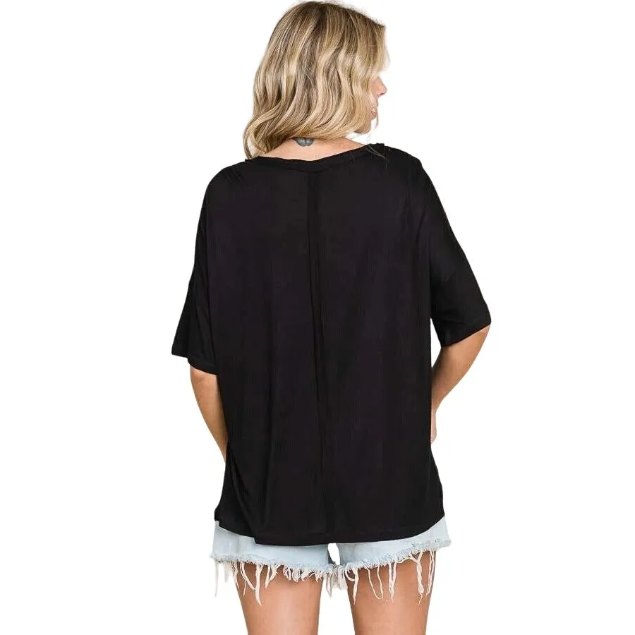 Culture Code Black Crew Neck Exposed Yoke Seam Short Sleeve Boxy Top CAY1646