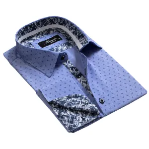 Denim Blue Mens Slim Fit French Cuff Shirts with Cufflink Holes -