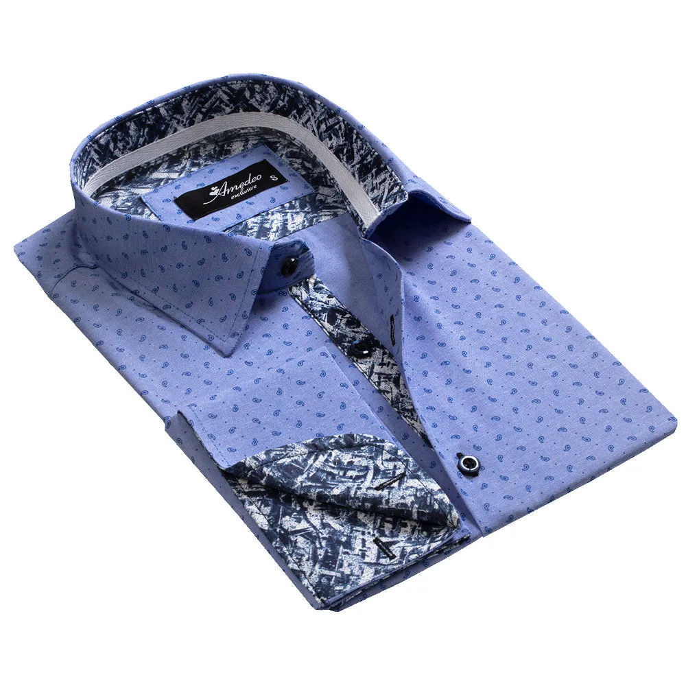 Denim Blue Mens Slim Fit French Cuff Shirts with Cufflink Holes -