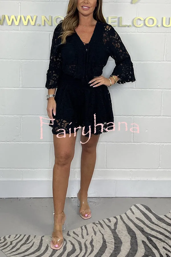 Emilee Lace Tie Neck Bell Sleeve Top and Elastic Waist Loose Shorts Set