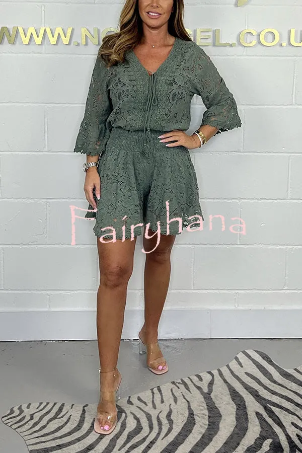Emilee Lace Tie Neck Bell Sleeve Top and Elastic Waist Loose Shorts Set