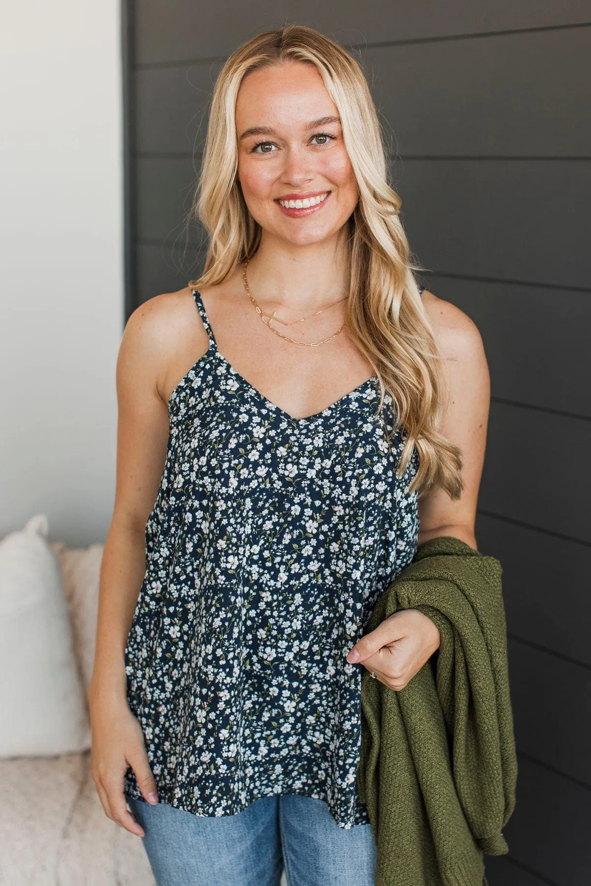 Entrancing Smiles Floral Tank Top- Navy