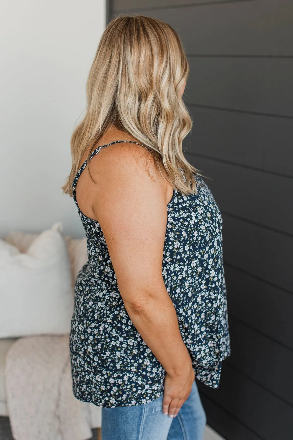 Entrancing Smiles Floral Tank Top- Navy