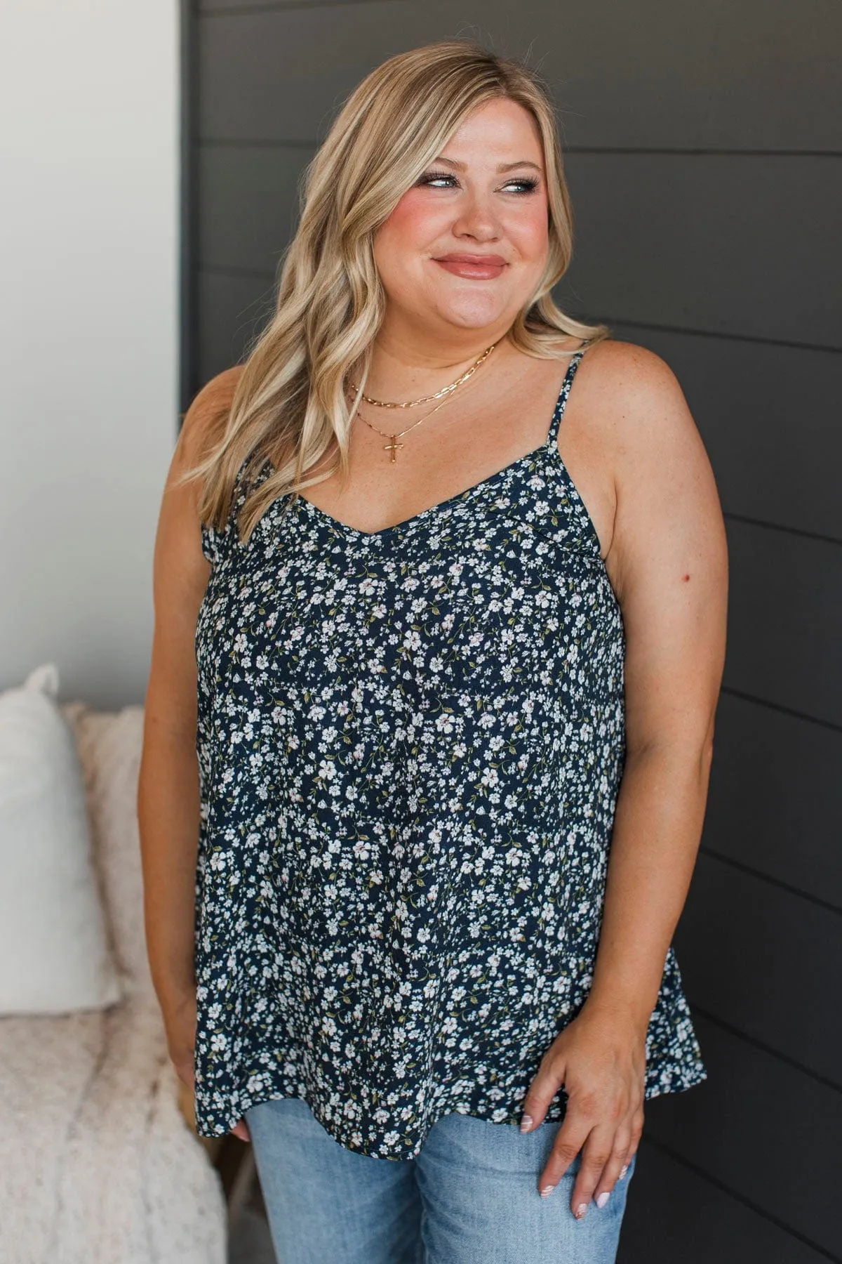 Entrancing Smiles Floral Tank Top- Navy
