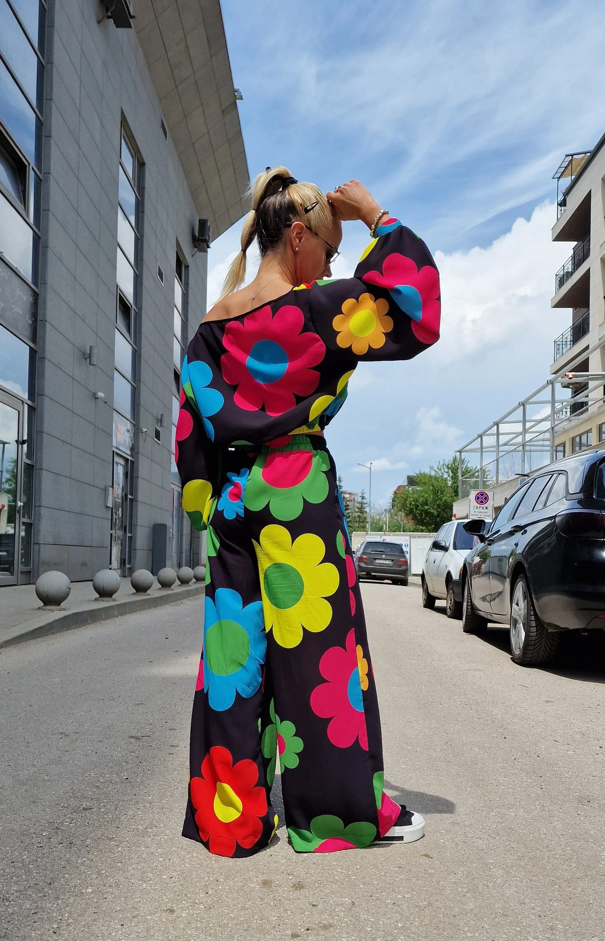 Extravagant Women Set, Summer Set, Loose High Waste Pants, Charleston Trousers, Short Loose Top, Gothic Set, Floral Print Colored Set