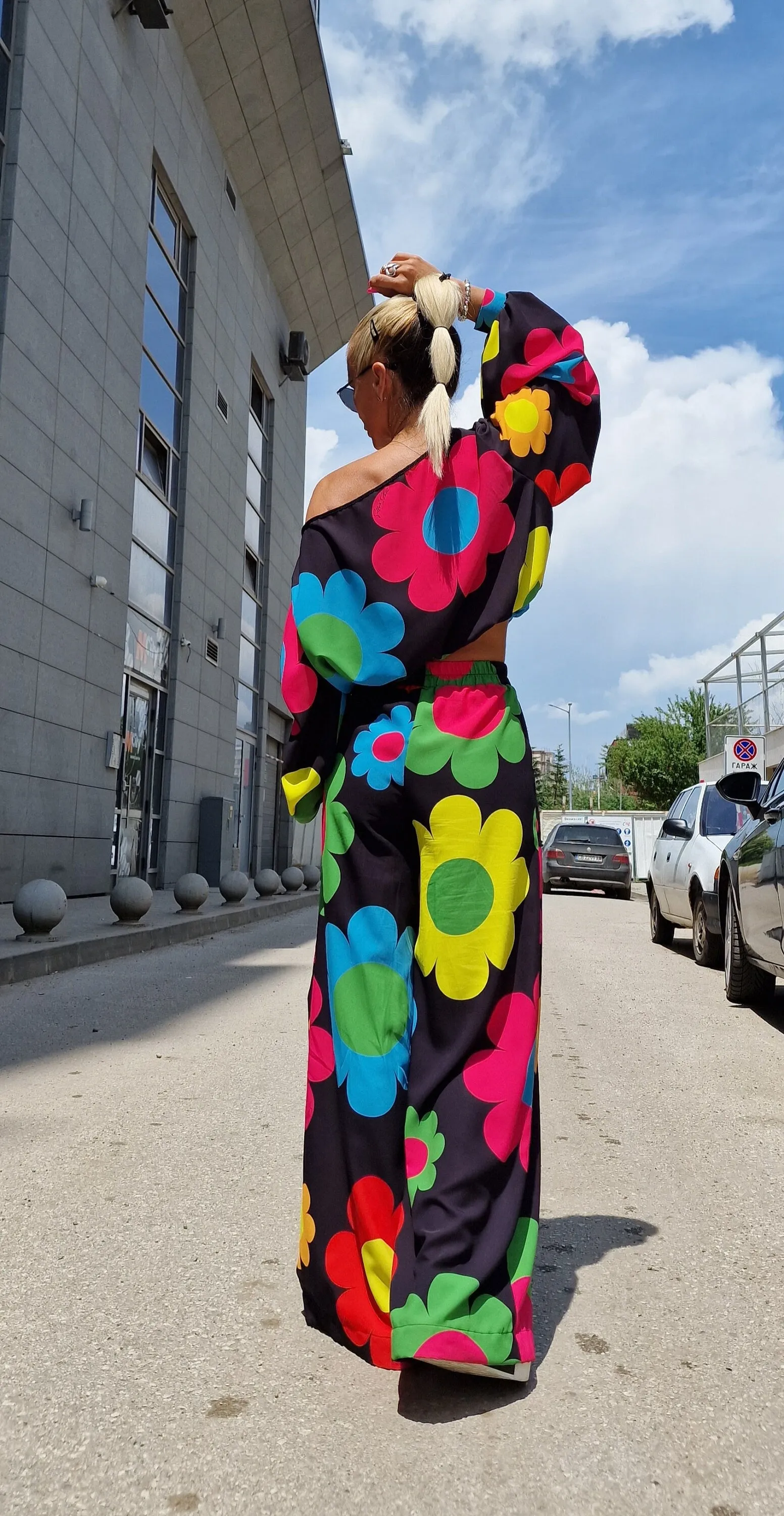 Extravagant Women Set, Summer Set, Loose High Waste Pants, Charleston Trousers, Short Loose Top, Gothic Set, Floral Print Colored Set