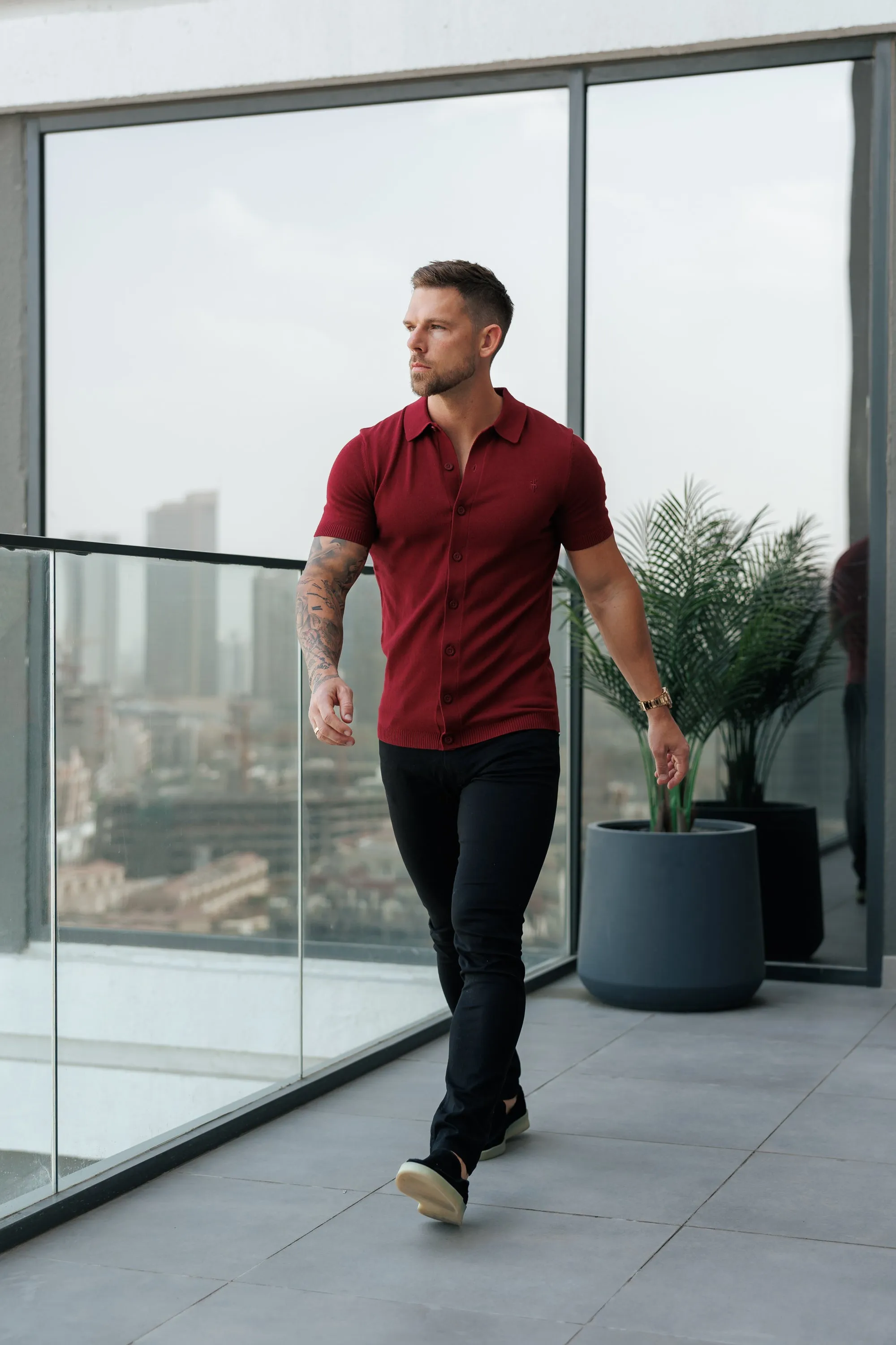 Father Sons Classic Plain Burgundy Knitted Button Through Polo Short Sleeve - FSN217