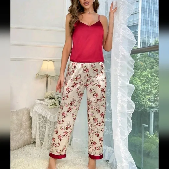 Floral Print Satin Cami Top &amp; Pants PJ Set / Pajama Set