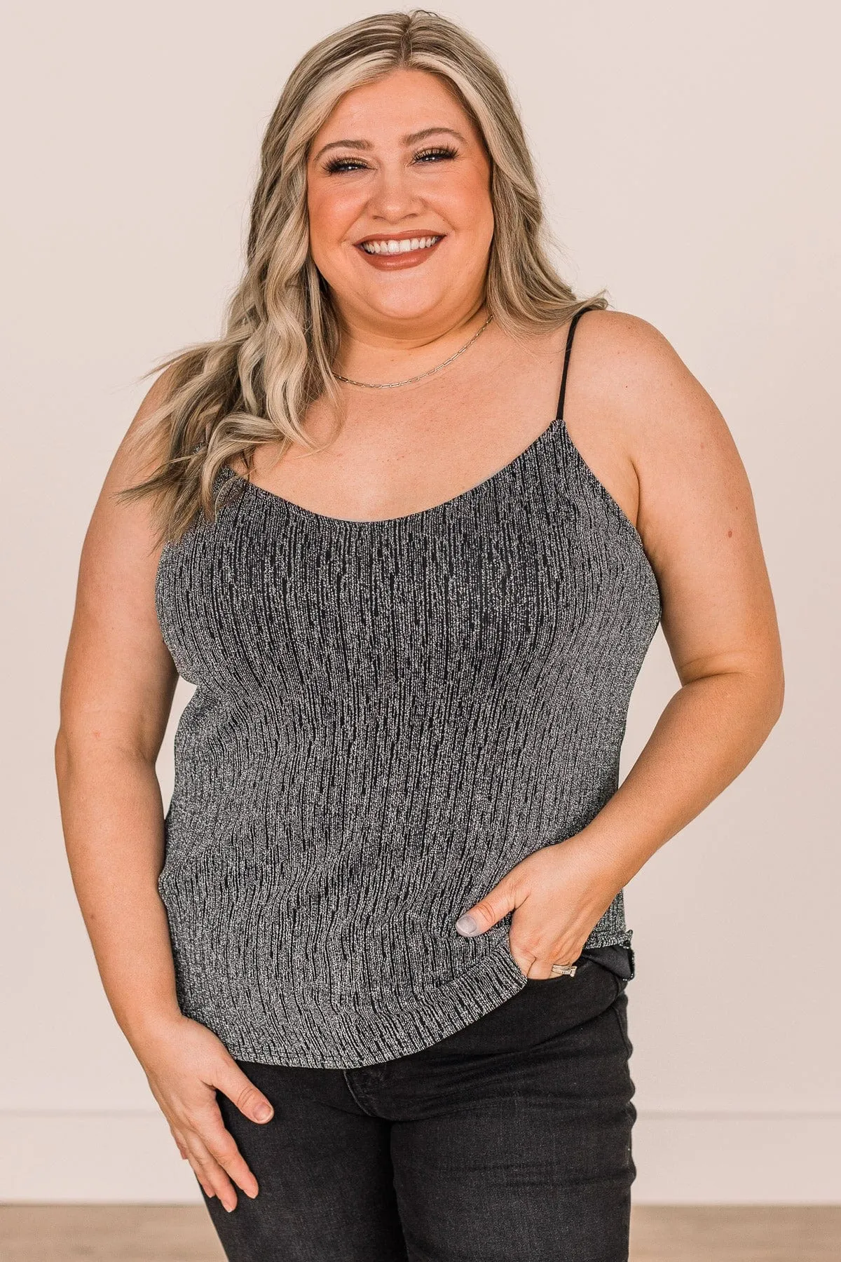 Focused On Forever Shimmer Tank Top- Black & Silver