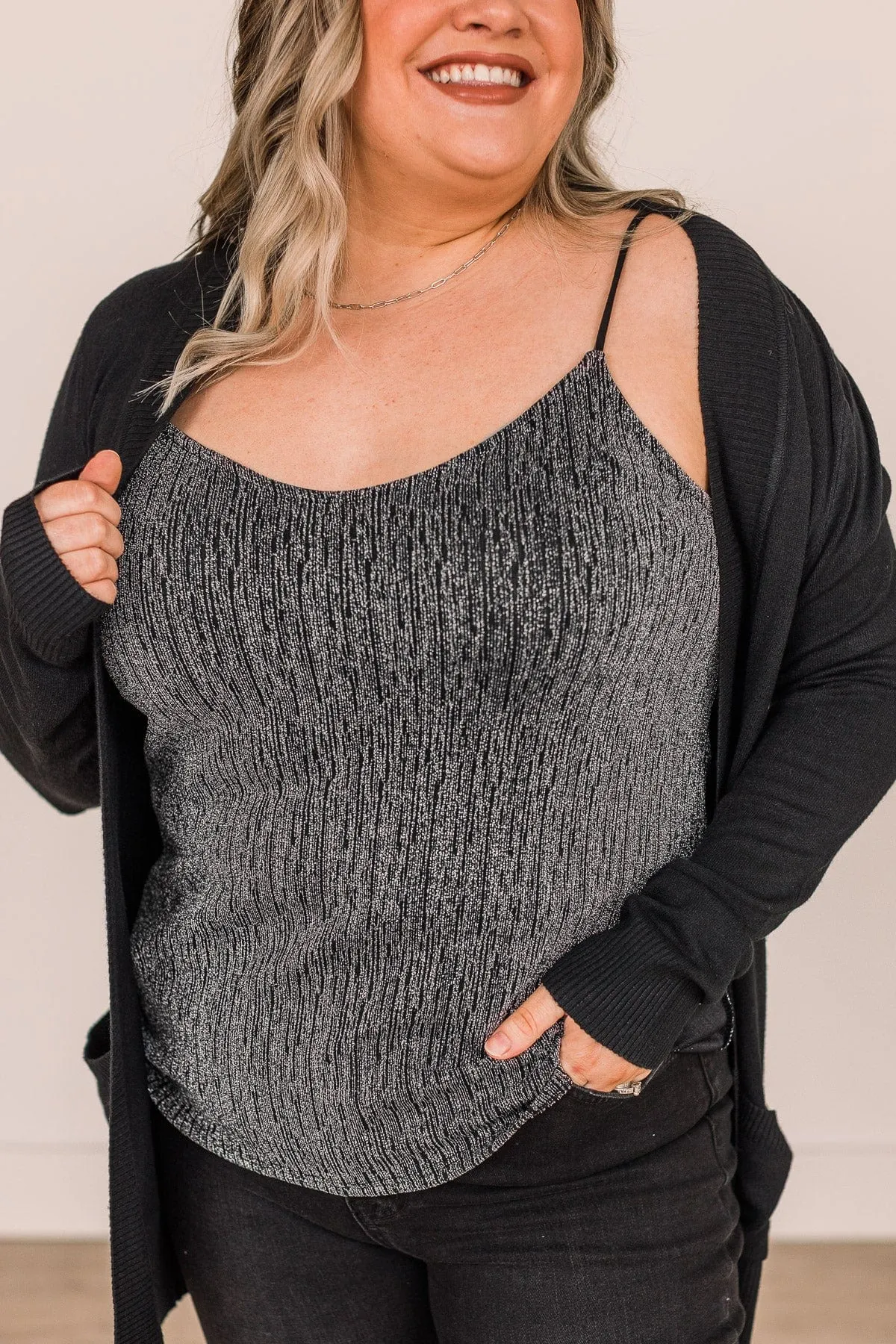 Focused On Forever Shimmer Tank Top- Black & Silver