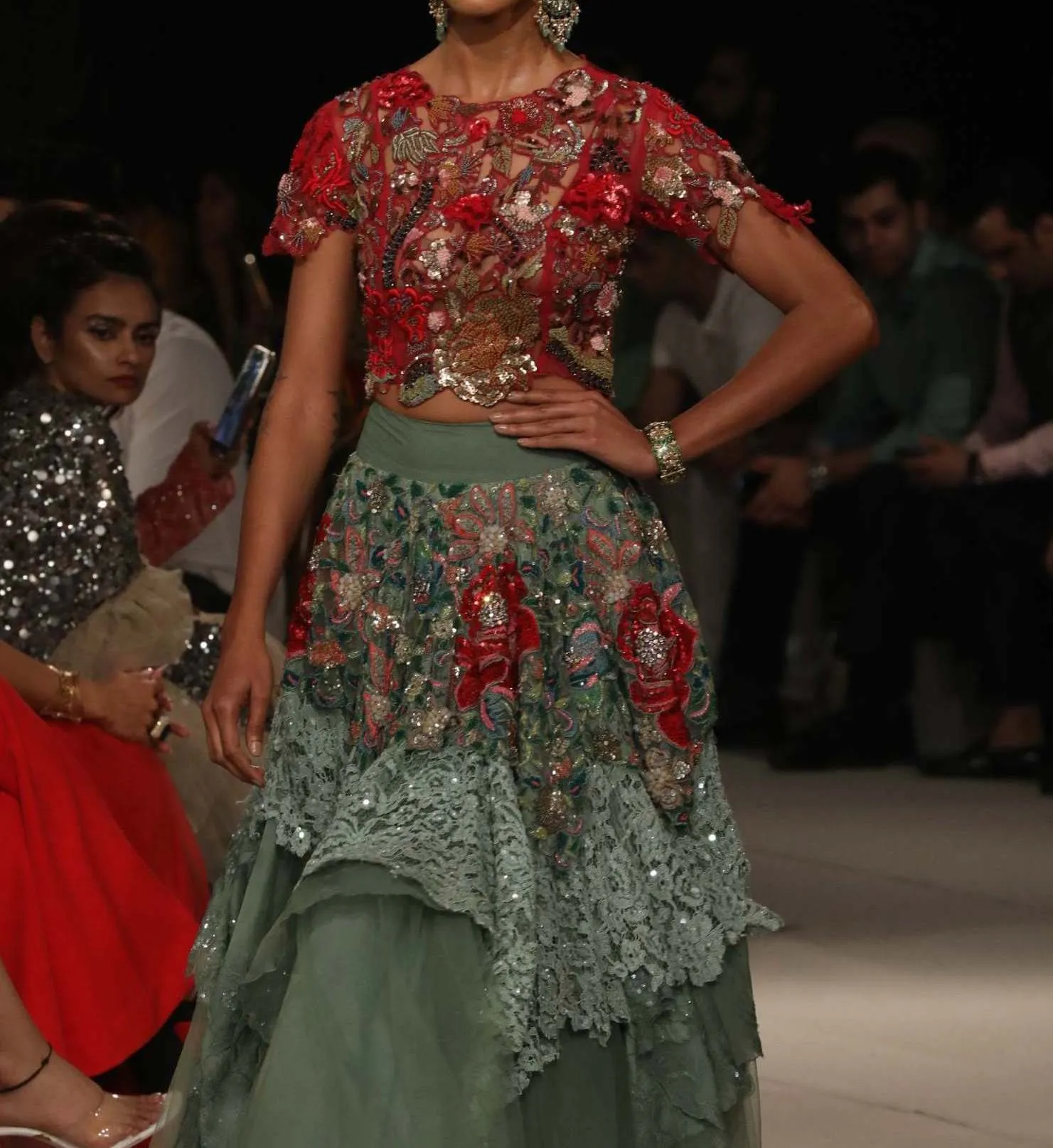 Fuchsia & sage embroidered skirt with blouse