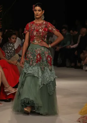 Fuchsia & sage embroidered skirt with blouse