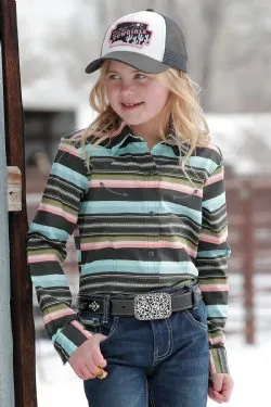 GIRLS BLACK/AQUA STRIPE LONG SLEEVE SHIRT