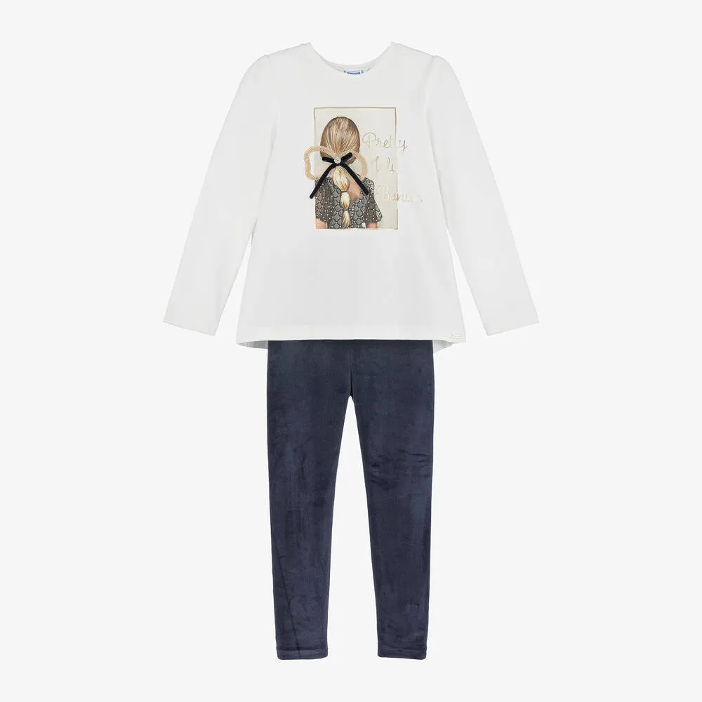 Girls Navy Velvet Leggings Set
