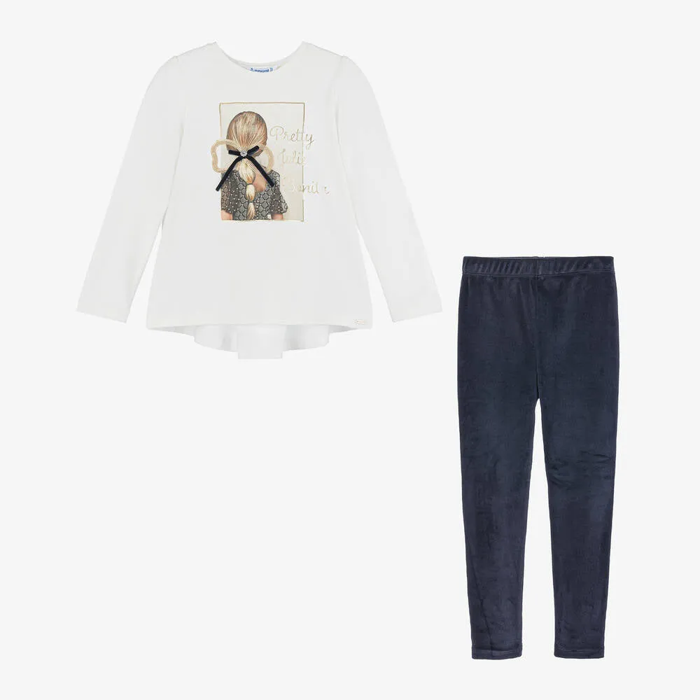Girls Navy Velvet Leggings Set