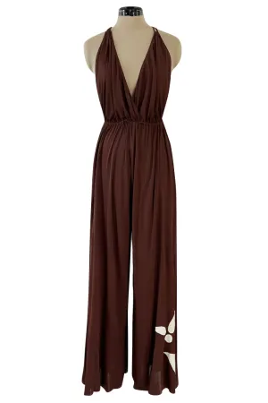 Gorgeous 1980s Genny Brown Jersey Backless Jumpsuit w Wide Legs & Floral Applique