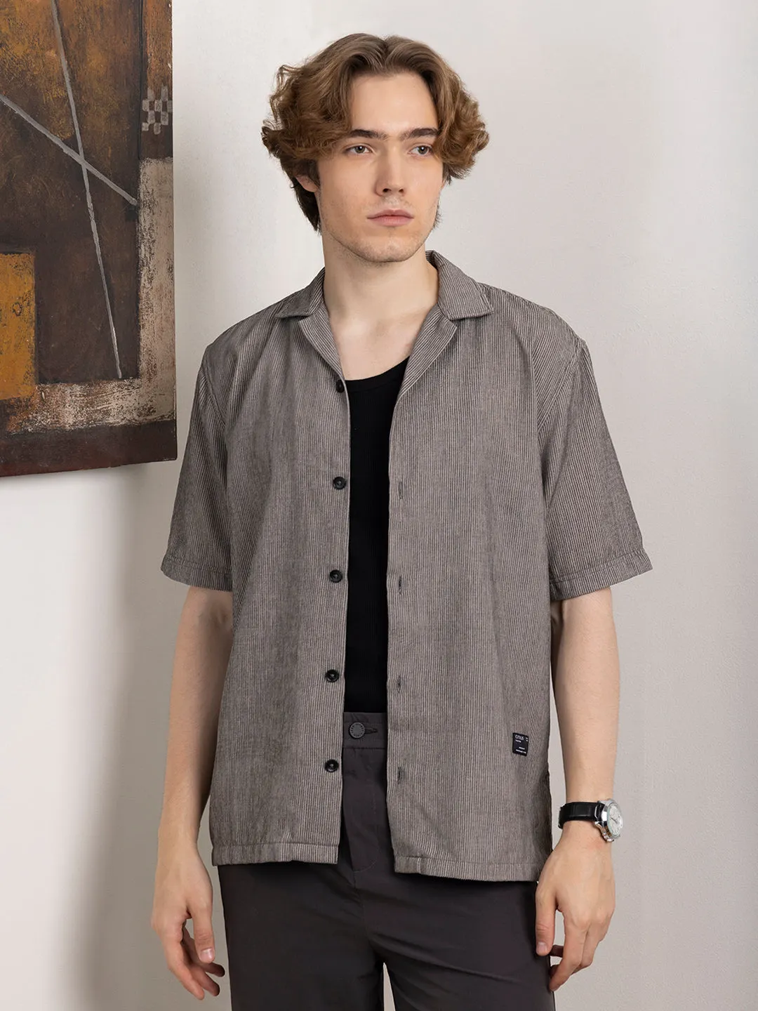 Grey Plain Camp Collar Shirt