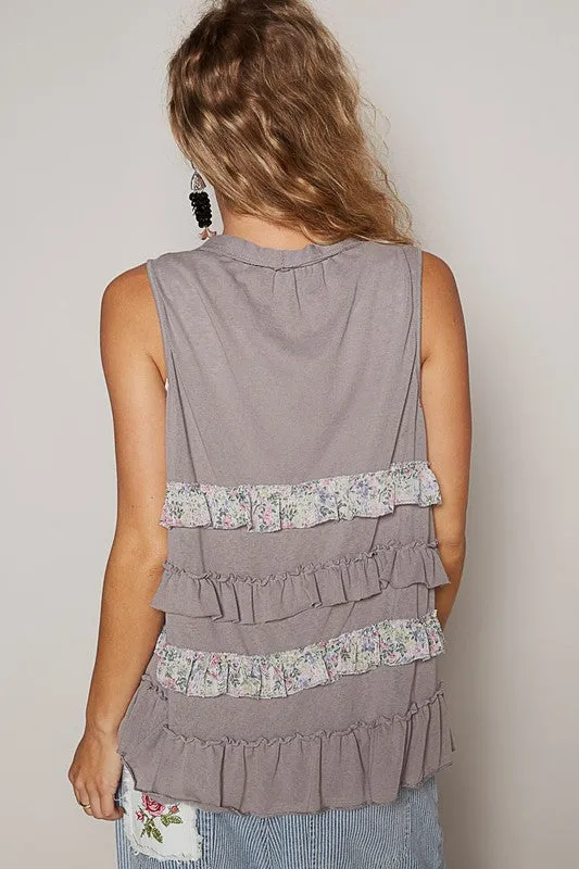 Grey Ruffled Open Front Sleeveless Cardigan